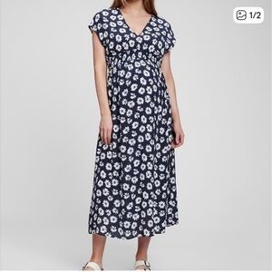 Gap Maternity Empire Waist Midi Dress Blue Floral Size M